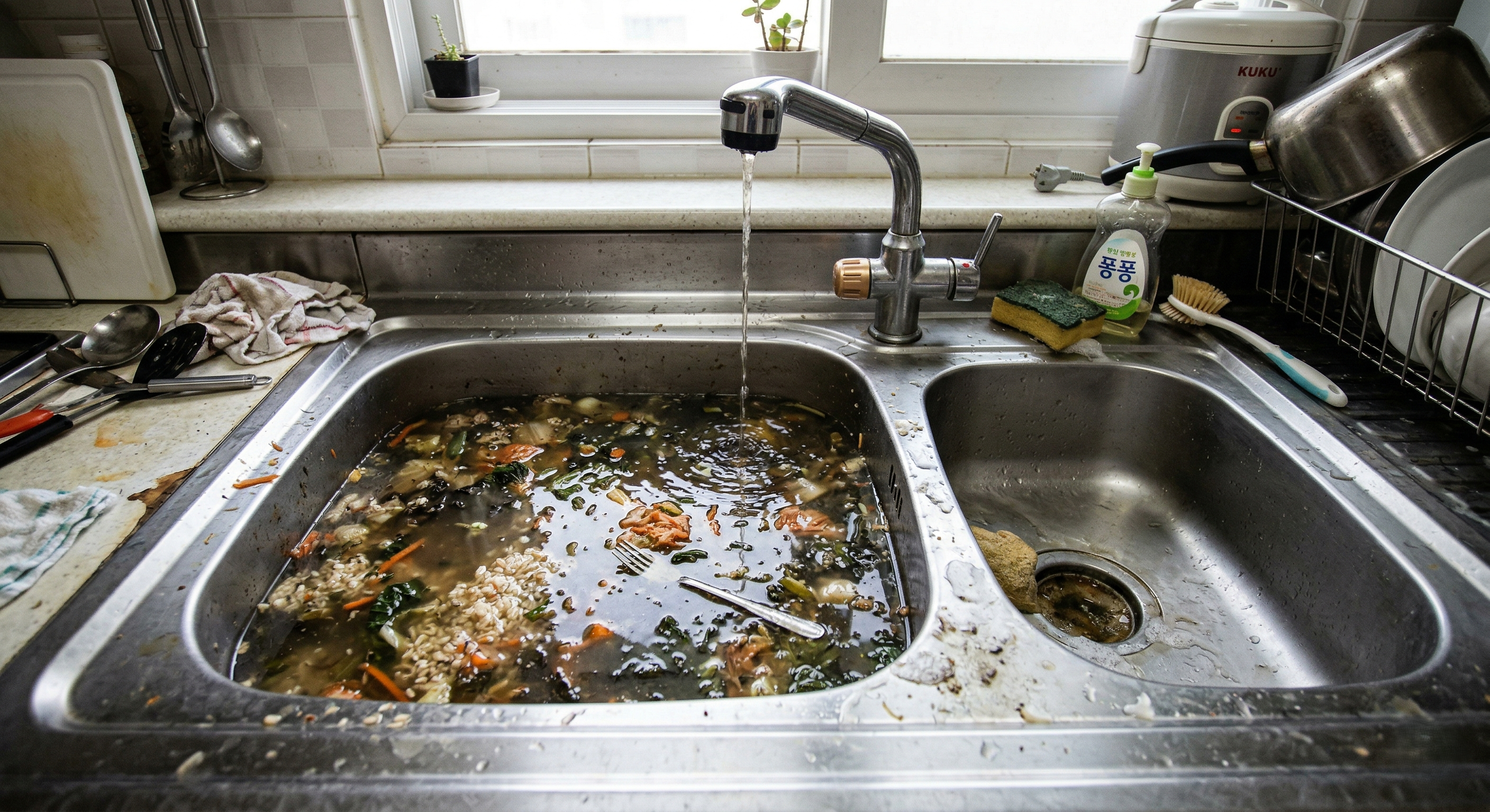 작업 전: 싱크대 배수구 막힘 현장